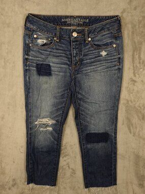 American Eagle Boy Crop‎ Jeans Women's 4 Distressed Patchwork Raw Hem Denim
